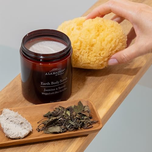 A LA MAISON Earth Body Scrub ? White Tea & Rose ? Natural Pumice Scrub with Shea Butter & Olive Oil ? Gently Exfoliates & Softens Skin ? French Formula ? Plant-Based ? 7 oz ? Amber Collection