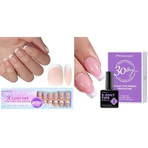 BTArtboxnails Soft Gel Nail Tips Builder Gel - Extra Short Square French Tip Press on Nails XCOATTIPS 15ML