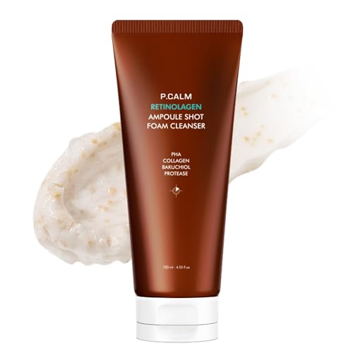 P.CALM Retinolagen Ampoule Shot Foam Cleanser ? Retinol, Vegan Hydrolyzed Collagen & PHA for Pore Cleansing & Gentle Exfoliation, Korean Glass Skin (120ml / 4.05 fl.oz)
