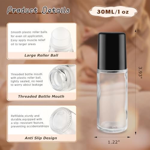 Large Glass Roll On Bottles,Empty Glass Deodorant Roller Bottles With Large Plastic Roller Ball for Essential Oil,Deodorant,Castor Oil,Body Oil-Dispense Containers for Pains (Clear, 1oz/30ml)