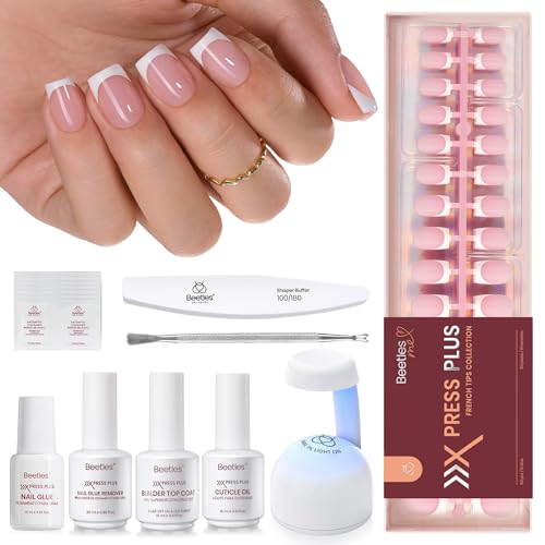Beetles X Press Plus Gel Nails Kit - Glow French | Pink Short Square French Tip Press On Nails | 150Pcs 15 Sizes All-in-One Kit With Nail Glue,Remover,Builder Top Coat,Nail Lamp Gift For Women