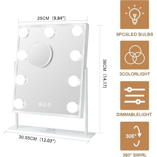FENCHILIN Vanity Mirror with Light Lighted Makeup Mirror Vanity Makeup Mirror Smart Touch Control 3Colors Dimable Light Detachable 10X Magnification 360¡ÆRotation(White)
