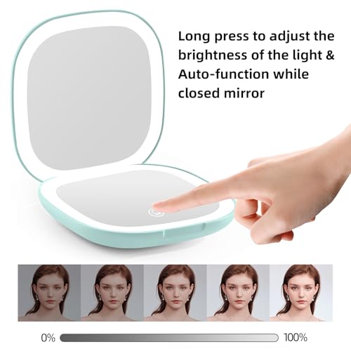 Compact Magnifying Travel Makeup Mirror with LED Light - 3.5 inches 1X/10X Magnification Small Hand Pocket Dimmable Double Sided USB Rechargeable Touch Screen, Portable Tabletop Cosmetic (Green)