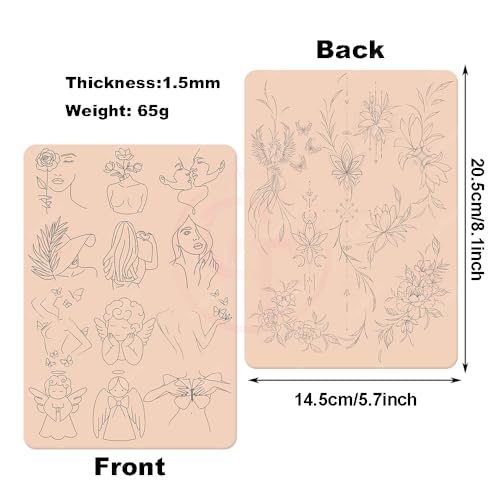 1PC Double Side Silicone Training Pad, Pink Pre-Printed Fine Line Tattoo Practice Skin with Light Gray Stencils, Precise Tattooing Training Pad