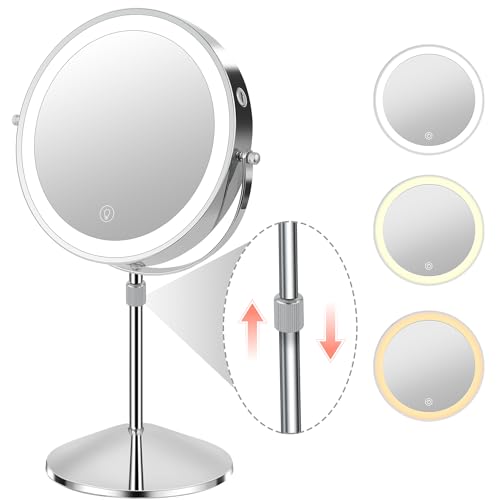 Lighted Makeup Mirror with Magnification, 10X 8¡¯¡¯Rechargeable Double Sided Vanity Mirror with Lights Magnifying Makeup Mirror with 3 Color Light with 360¡Æ Rotation, Detachable Base
