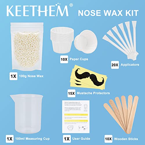 Nose Hair Wax Kit ? 100g Nose Wax + 20 Applicators + 15 Mustache Guards + 10 Paper Cups + 10 Sticks + 1 Measuring Cup ? Nose Wax Kit Men & Women, At-Home Hair Removal for 20+ Uses
