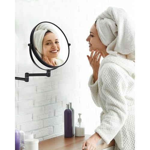 Wall Mounted Makeup Mirror - 1X/10X Magnifying Mirror for Wall, 8 Inch Double Sided 360¡Æ Swivel Extendable Bathroom Mirror for Shaving, Black