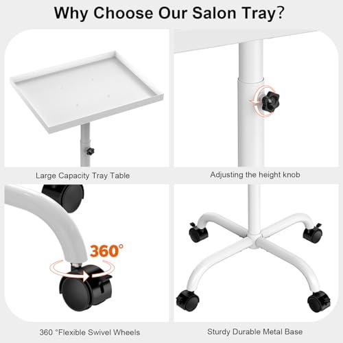 Salon Tray on Wheels, Salon Tray Cart Tattoo Tray Rolling Trolley, Hair Stylist Tray Height Adjustable, Dental Tray Hairdresser Tray Rolling Table Tray Cart (White)