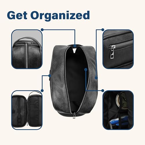 Emissary Leather Travel Toiletry Bag for Men, Water Resistant Travel Organizer Dopp Kit, Large Capacity Travel Kit for Men, Shaving Bag for Travel Accessories - Black