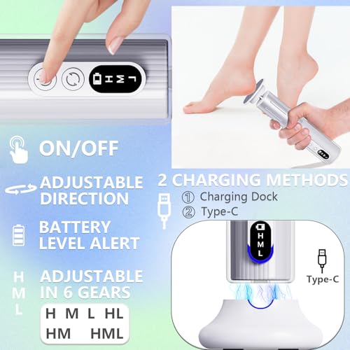 Electric Foot Callus Remover with Nano-Glass Head&Rechargeable Base,6 Speeds Cordless Electric Foot File with Digital Display,Callus Remover for Feet Dead Skin Home Spa Salon with 60Pcs Sandpaper Disk