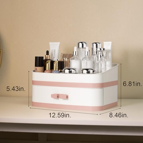 Large Makeup Organizer Countertop, Stackable Vanity Organizer with Drawer Cosmetic Organizer Tray, Make Up Organizers for Vanity, Makeup Storage Counter(Light Pink)