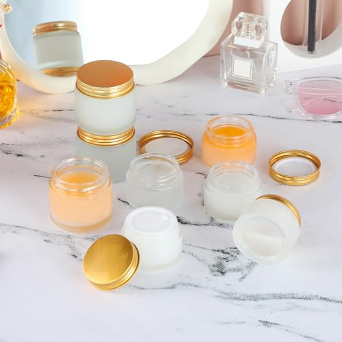 24 pack Small Clear Frosted Glass Cosmetic jars with Golden Metal Lids 2oz Bulk for Sample Lotion Cream Travel Jar Cosmetic Container