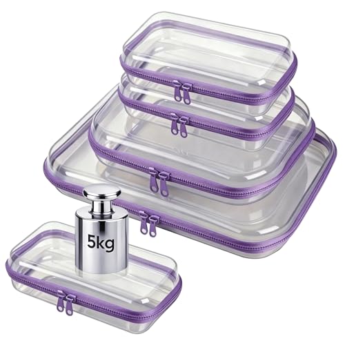 5 Pack Clear Hard Shell Zipper Pouches, TSA Friendly Transparent Design for Toiletries & Electronics, Crush-Resistant Storage for Carry-On Travel (Purple)