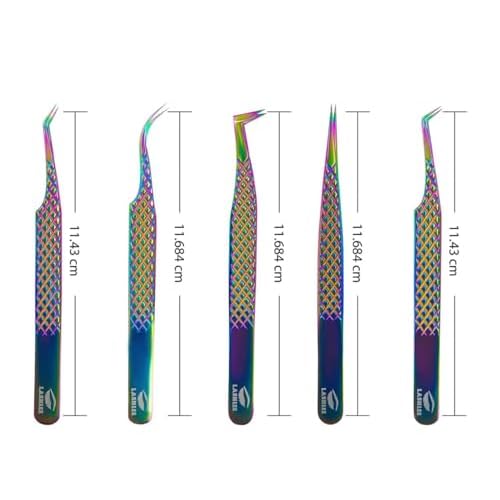 UM Supplies Eyelash Extension Tweezers pack of 5 | Professional Japanese Stainless Steel Tools | Straight | Curved | Angled | Tip 45 Degree | 90 Degree Volume Tweezers Precision Degree l Rainbow