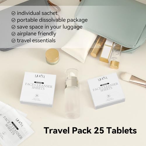 YUCO Travel Face Wash Cleanser Sheets 50 Sheets,Individual Sachet,for Facial Washing,Cloud Cotton Scent,Face Soap For Gym,Camping,Vacation,Hotels,Hospital,Business Trip,Flight Travel Essentials
