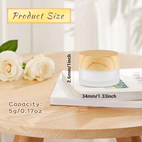 20 Pcs Frosted Glass Jars Reusable Cosmetic Canning Container with Wood Grain Lid for Lip Scrub Cream Lotion Ointments Powder - 5g/0.17oz