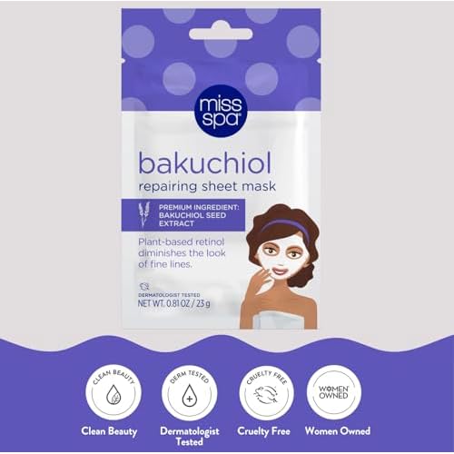 MISS SPA Bakuchiol Repairing Sheet Mask Plant-Based Retinol Face Mask for Fine Lines & Wrinkles Anti-Aging, Hydrating & Brightening Sheet Mask for All Skin Types, Cruelty-Free, 20 Pack