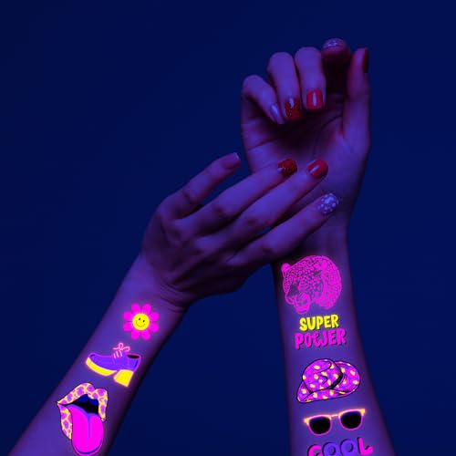 4 Sheets Glow in The Dark Temporary Tattoos for Kids Adults Waterproof Neon UV Blacklight Body Face Flash Fake Tattoo Stickers Rave Party Supplies (Multicolor-3)