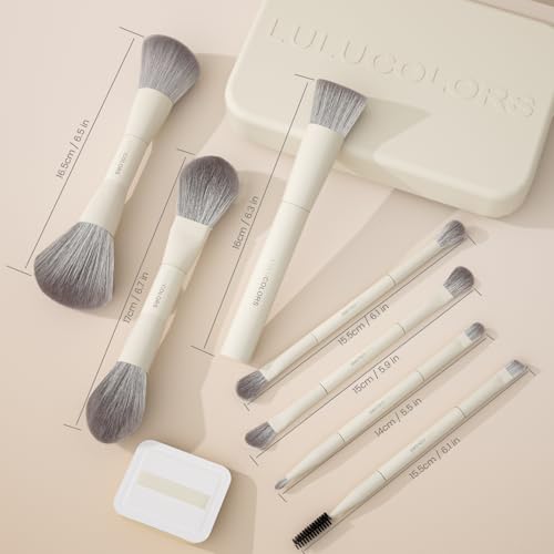 LULUCOLORS-Dual-Ended Makeup Brush Set with Sponge & Travel Case-13 Kinds of Multi-Functional Brushes for Face & Eyes ? Soft Bristles, Easy Travel Brush Set (Cream White)