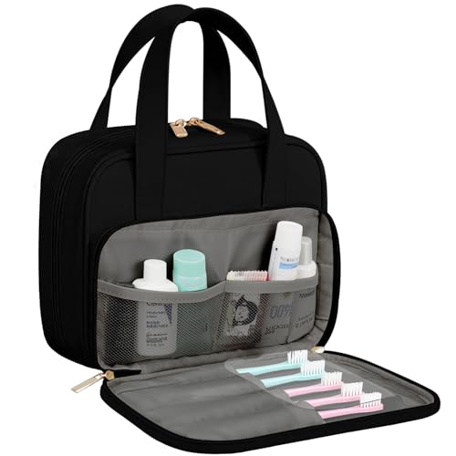 Travel Toiletry Bag, Water-resistant PU Leather Makeup Bag with Multiple Compartments, Large Capacity Makeup Organizer Bag with Handle for Accessories, Essentials, Toiletries, Black