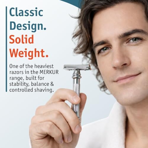 MERKUR 38C Double Edge Safety Razor - Bright Chrome, Extra Large Barber Pole Grip Brass Handle, Made in Germany, Plastic-Free, Two Piece Design, Closed Comb, Straight Bar