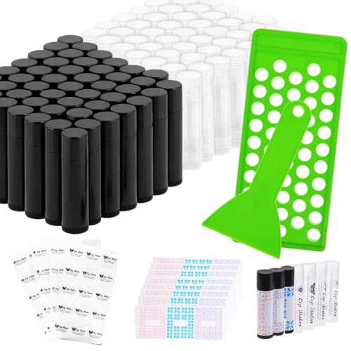 Lip Balm Tubes with Filling Tray and Spatula, 100 Empty Lip Balms Containers with Caps (Clear+Black), 100 Writeable and 100 Printed Stickers, BPA Free, Make Natural Lip Balm Kit for DIY