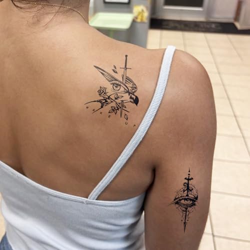 Semi Permanent Tattoo, 2 Sheets Realistic Temporary Tattoos for Women Men Adult, Lasts 2 Weeks Fake Tattoo for Arm Wrist, Waterproof and Non-Reflective, Unique Eye & Sword Designs Couple Tattoos
