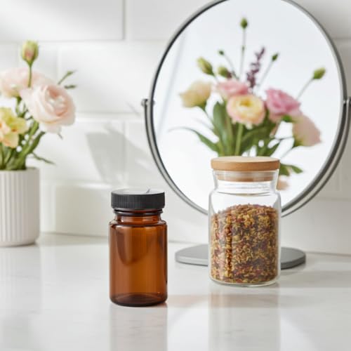 JUVITUS (24 pack) 2.5 oz / 75 ml Amber Glass Packer Bottle with Black Ribbed Lid