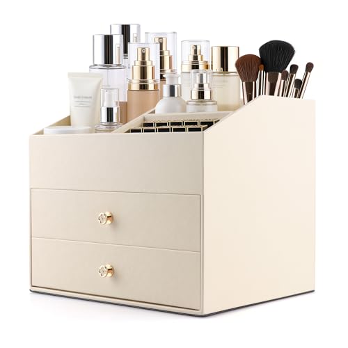 Homeanda Makeup Organizer with Drawers, PU Leather Cosmetic Storage Box Large Cosmetic Display Case for Skincare, Lipstick, Brushes, Bedroom Storage(Beige)