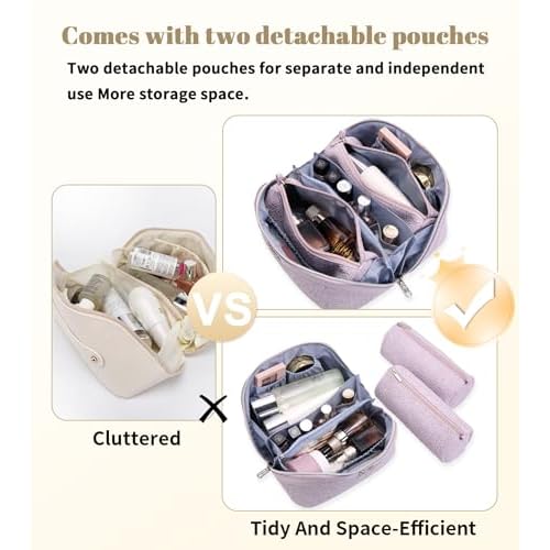 BOYATU Travel Makeup Bags Cosmetic Organizer Bag: 3-Set Large Capacity Make up Bag - PU Leather Toiletry Bags for Women - Wide Open Portable Pouch with Divider & Handle (A-Violet)
