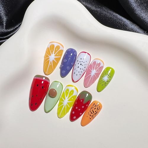 Wsliana Handmade Press On Nails - Medium Almond False Nail Tips, 3D Fruit Design, 10pcs Reusable Glue On Acrylic Fake Nails, Long-Lasting, Easy Fit | Fashionable Nail Kit | Natural Look (076, M)
