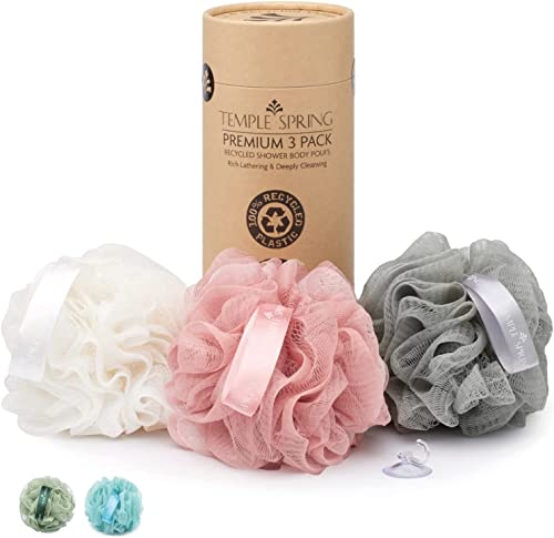 Temple Spring Shower Loofahs 3 Pack - Natural Recycled Shower Puffs for Body Set for Men and Women - Loofah Exfoliating Body Scrubber, Bath Poufs or Shower Scrunchie - Coral Pink
