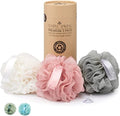 Temple Spring Shower Loofahs 3 Pack - Natural Recycled Shower Puffs for Body Set for Men and Women - Loofah Exfoliating Body Scrubber, Bath Poufs or Shower Scrunchie - Coral Pink