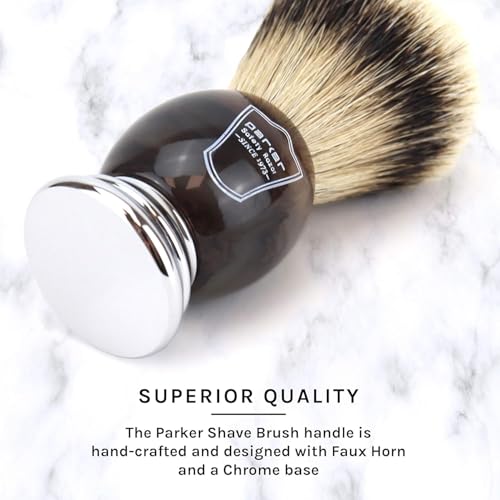 Parker 100% Silvertip Badger Shaving Brush ? Faux Horn Handle, Long Loft 22?mm Knot, Chrome Base + Resin Stand ? Rich Lather, Sensitive Skin Friendly