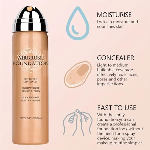 Magic Minerals Airbrush Foundation Spray - Lightweight Buildable Coverage, Hydrating Formula for Smooth Radiant Light Beige, Includes Foundation Brush, Powder Puff & Nose Shadow Brush - 03 Nude