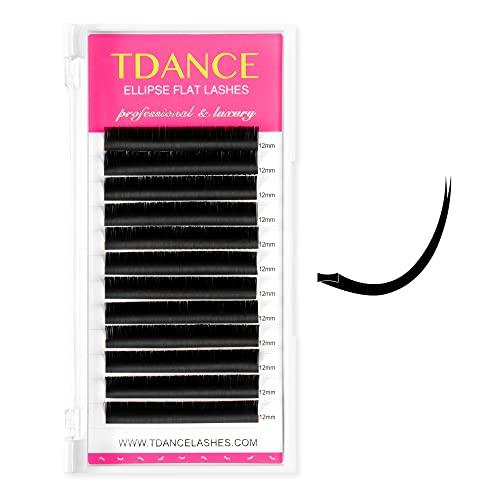 TDANCE Classic Lash Extensions Flat Lashes Eyelash Extensions 0.2mm C Curl Ellipse Eyelash Extensions 12mm Mixed Black Matte Individual Lashes Salon Use(Flat,C-0.2,12mm)