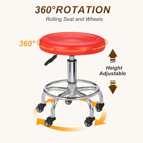 PATIKIL Adjustable Height Rolling Stool with Wheels, PU Leather Round Rolling Desk Stool for Tattoo Massage Salon Spa Salon Teach Facial Office, Red