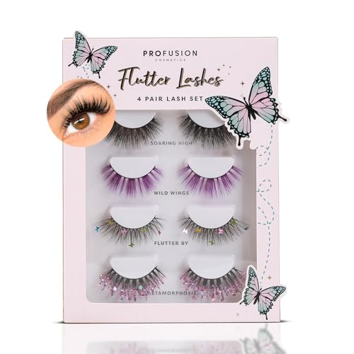 Profusion Cosmetics Empowered Butterfly Flutter Lashes 4 Pairs Eyelash Set ? Soft Wispy & Glitter False Lashes with Thin Flexible Band, Reusable & All-Day Comfortable Wear