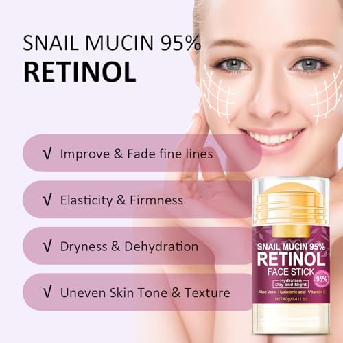 Hydrating Face Balm Stick with 95% Snail Mucin, Retinol and Hyaluronic Acid Multi Balm Stick Moisturizer for Day and Night Deep Hydration, Moisturizer Stick for Face Anti Wrinkle Skin Repair,1.41Oz