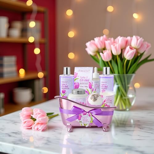 Spa Gift Basket, Mother's Day Gift for Mom - 8 Pcs Tulip scents Bath & Body Gift Set for Women, Spa Gift Kit, Birthday Gifts, Self Care, Pampering Gifts for Her, All Occasion Holiday Present