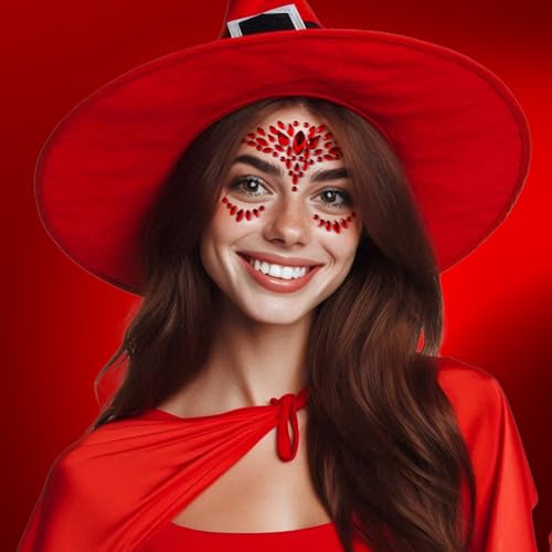 Face Gems - Self-Adhesive Jewels for Festival, Rave Party, Halloween Body Makeup - Glitter Tattoo Sticker, Rhinestone for Eyes, Face, Body (4 PCS RED)