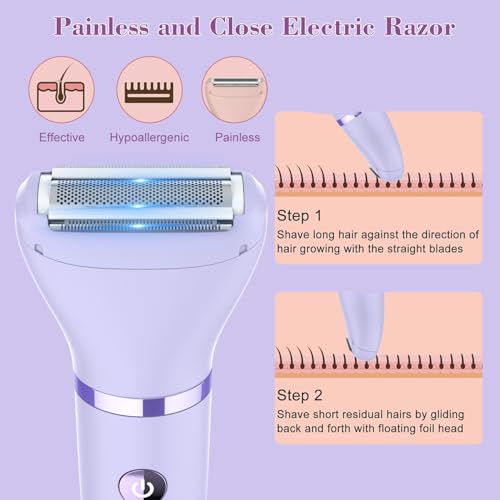3-in-1 Electric Razor IPX7 Waterproof Bikini Trimmer Wet & Dry Use Painless Personal Trimmer Groomer for Ladies Face Body Legs Bikini Public Hairs Electric Lady Shaver with Replaceable Heads