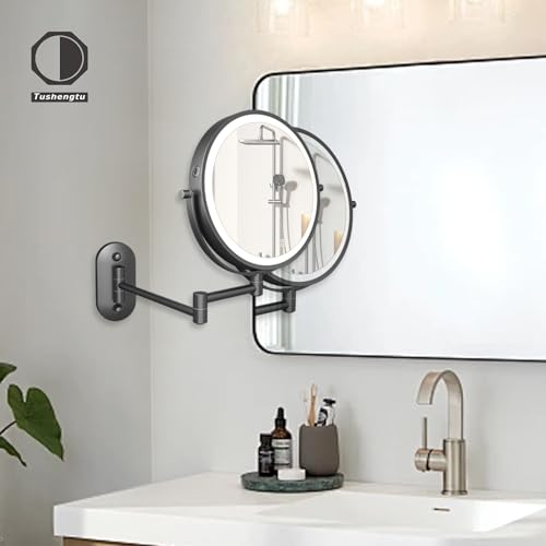 8¡°Wall Mounted Makeup Mirror With Lights, 10x Magnifying Mirror Wall Mount for Vanity, Bathroom and Shaving, Rechargeable Wall Mounted Makeup Mirror Swing Arm with Adjustable Brightness (Black-10X)