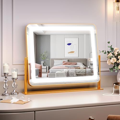 GAOMON Vanity Mirror with Lights, 19.7"x17.5" Touch Screen LED Mirror, 3 Lighting Modes for Makeup/Skincare, Adjustable Tabletop Mirror for Bedroom/Bathroom Decor, Gold