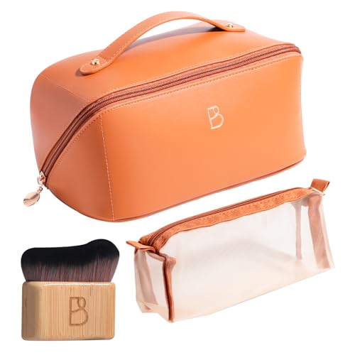 BS-MALL Travel Makeup Bag ? Portable Large Capacity Toiletry Bag Perfect for Organizing Travel Size Toiletries, Flat Opening for Easy Access with 1 Makeup Brush & Zipper Bag