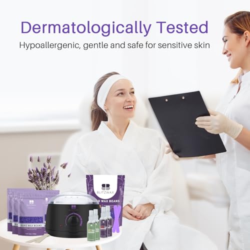 BLITZWAX Hair Removal Waxing Kit with 2.5lb Lavender Waxing Beads for Sensitive Face, Legs, and Body, 33pcs Accessories Ideal for Women Men at Home Salon, Beginner Friendly, Quick Heating