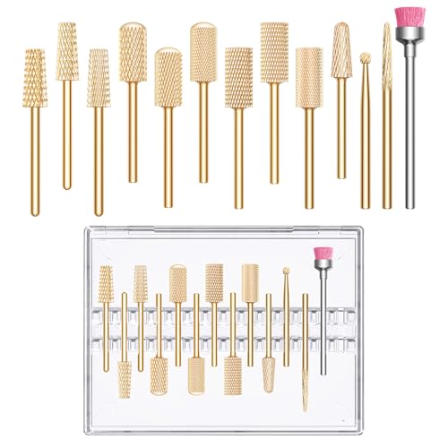 GLIX 13-Piece Professional Nail Drill Bits Set, Gold Tungsten Carbide E File Bits for Acrylic Nails & Gel Polish Removal, Ambidextrous Left/Right Hand Kit with 2XC Typhoon & Safety Cuticle Clean Bits
