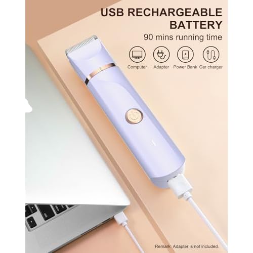 Bikini Trimmer for Women,Painless Electric Razor for Pubic Hair,Rechargeable Body Hair Trimmer,Electric Shaver Removal with Snap-in Ceramic Blades IP7X Washable Head,Wet and Dry Use, Light Purple