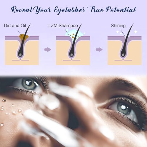 LZM Lash Shampoo Kit for Eyelash Extensions (2.02 fl oz), Lash Cleaner and Lash Wash with Rinsing Bottle, Brush, Reusable & Spoolies, Gentle Eyelash Extension Cleanser for Daily Care