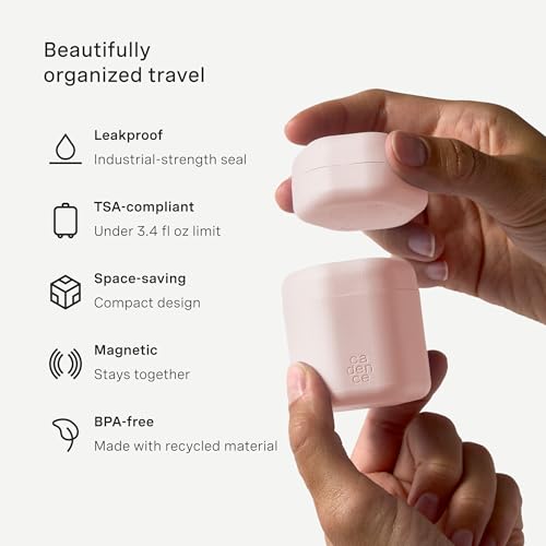 Cadence Travel Containers - 2 Piece Body Care Capsule Set - Magnetic Containers w/ Lids - Carry On Travel Essentials for Women/Men - 1 Small & 1 Medium Capsule - Body Wash & Lotion Labels - Petal